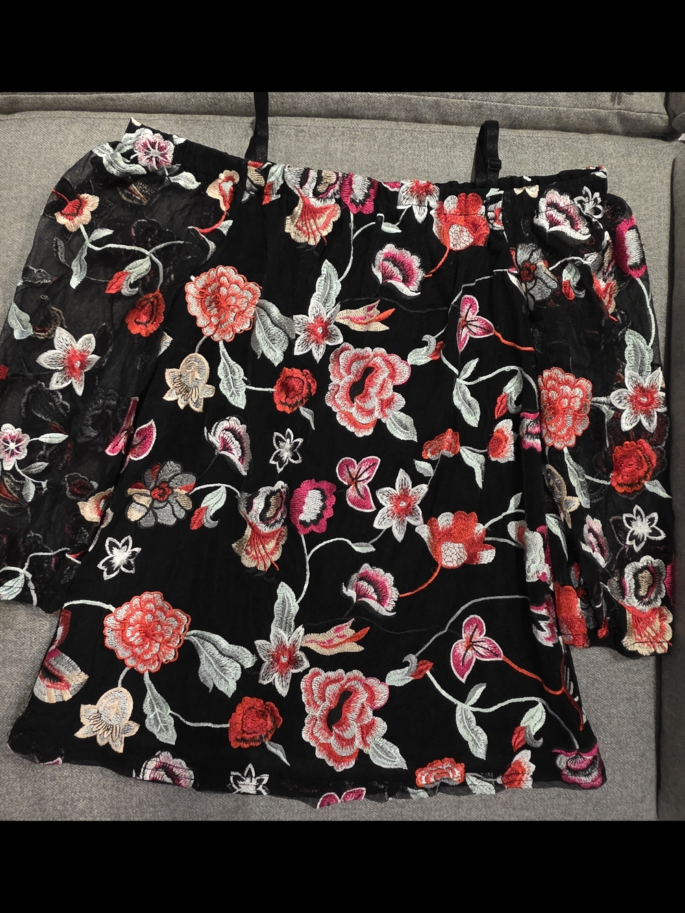 INC International Concepts Black Top with Red & Pink Floral Embroidery